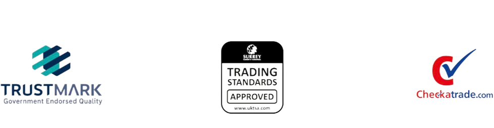 Trust signals: TrustMark, Trading Standards Approved, Checkatrade